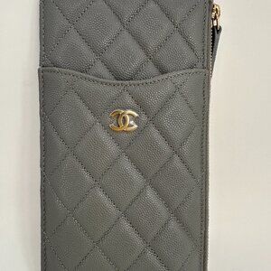 Chanel Grey Caviar Quilted Classic Flat Wallet Pouch